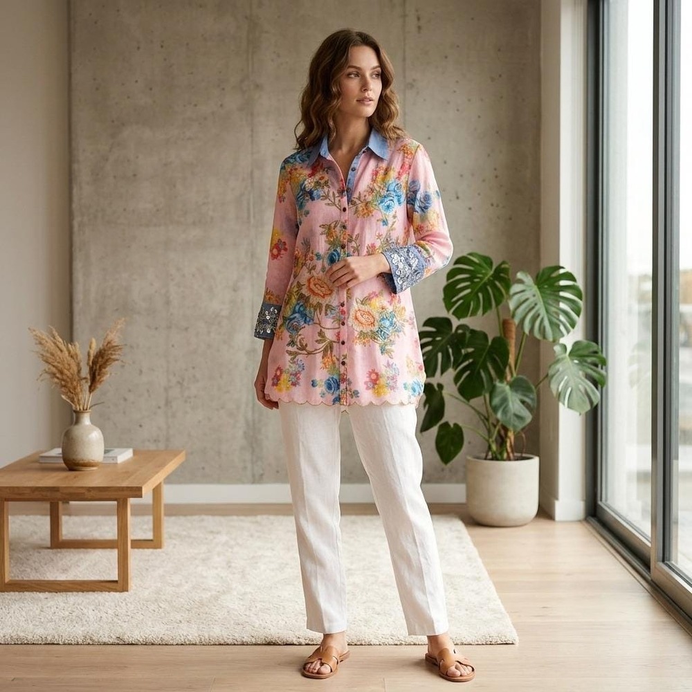 Aratta Silent Journey Floral Embroidered Sequin Scalloped Tunic Top Pink Small